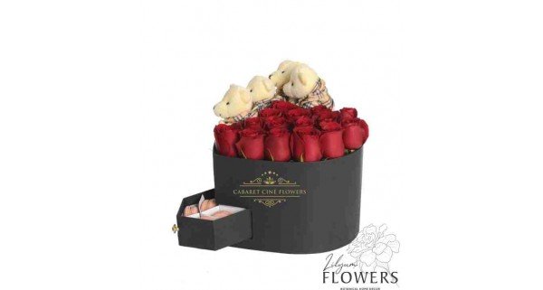 Çekmeceli Siyah Kalp Kırmızı Gül ve Ayıcık